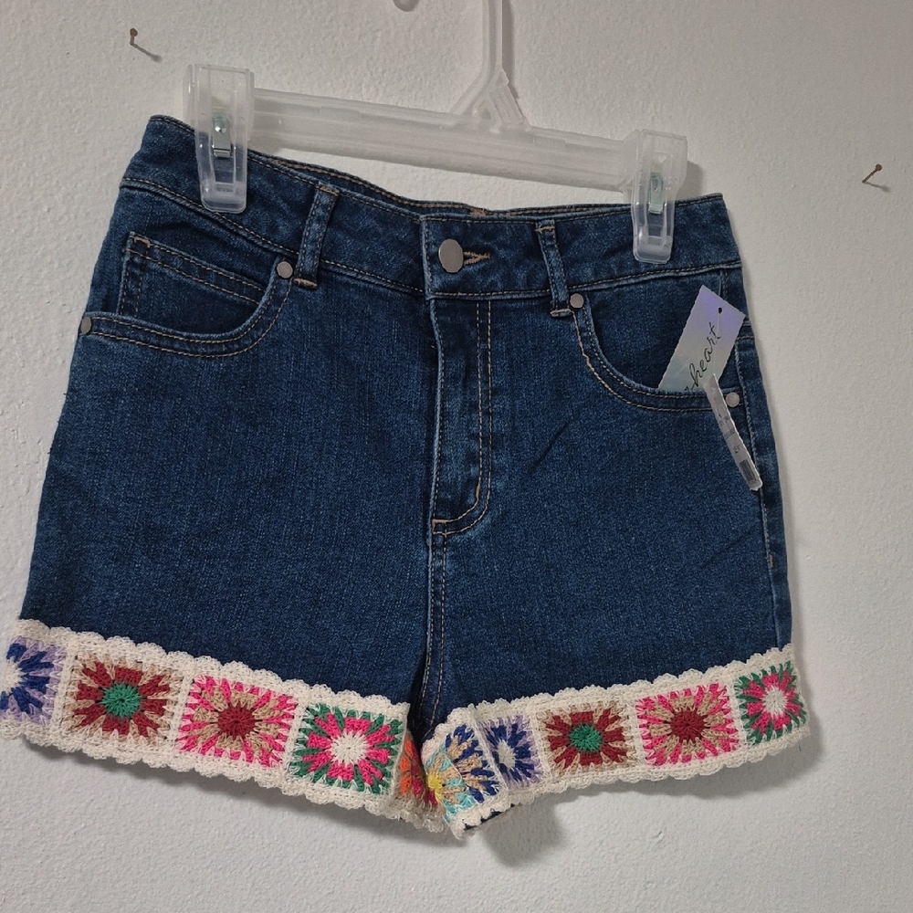 Derek Heart Blue Jean Girls Shorts with Crochet Trim Size 14